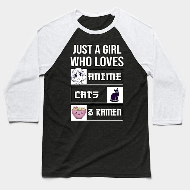 Just A Girl Who Loves Anime Cat And Ramen Baseball T-Shirt by Mad Art